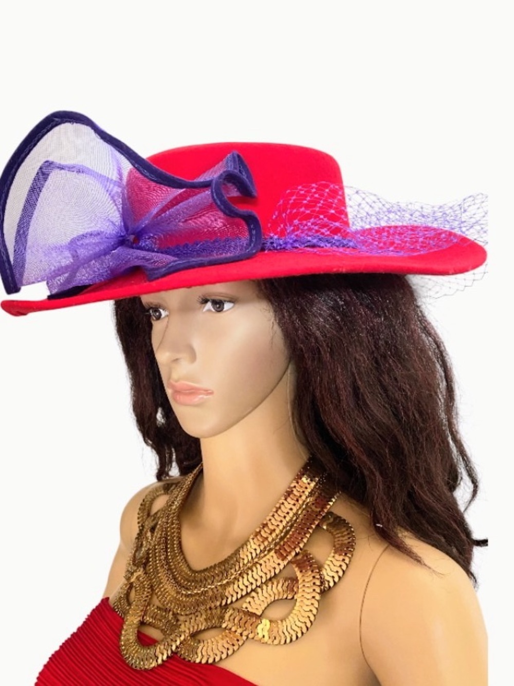 Vintage A.Yeager red wool derby hat adorned with a purple mesh bow